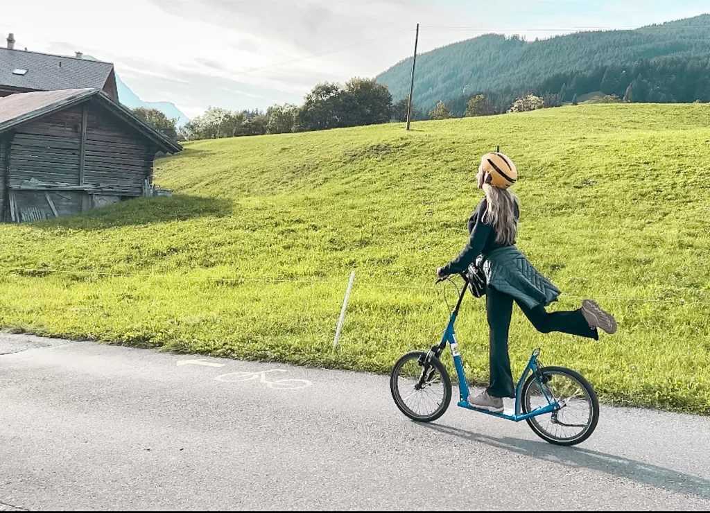 Riding down the mountain in Grindelwald Switzerland on a trotty bike.