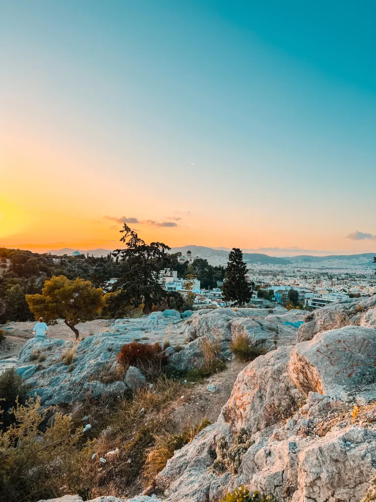 View from the Areopagus Hill overlooking the city of Athens at Sunset